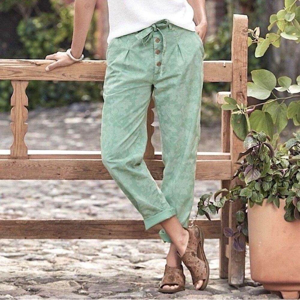 Sundance Bastille Easy Pants Belted Button Fly Tonal Floral Green Size Petite 6